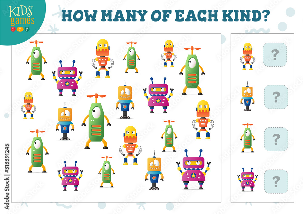 How many of each kind cartoon robot counting game for kids vector illustration
