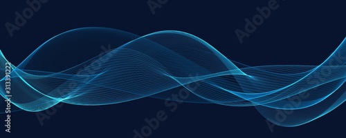 Abstract background with wave of flowing particles over dark, smooth curve shape lines