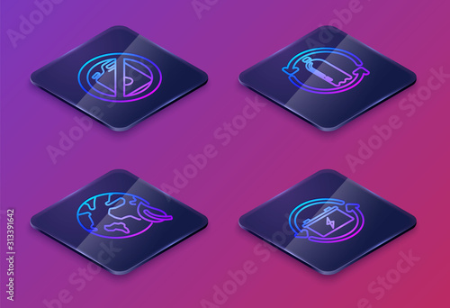Set Isometric line No canister for gasoline, Earth globe and leaf, Recycling plastic bottle and Battery with recycle symbol. Blue square button. Vector