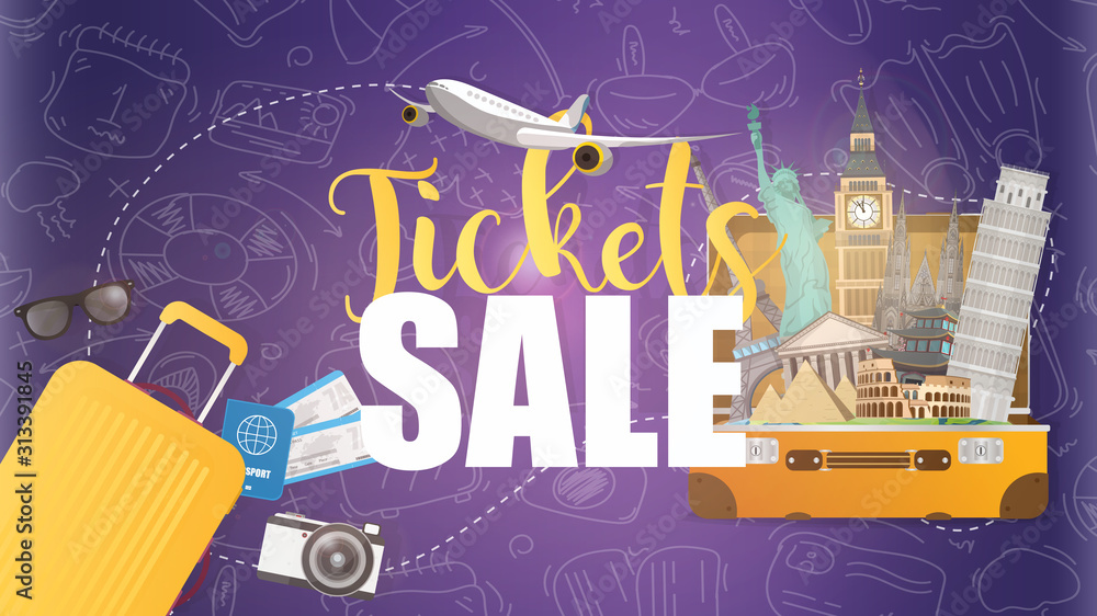 Ticket sale banner. Purple poster for advertising discount tickets