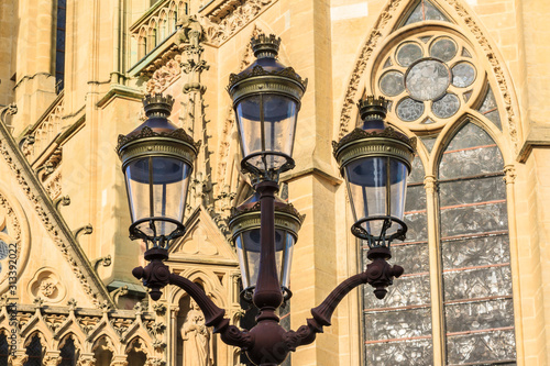 Streetlamps of Metz in front of the church