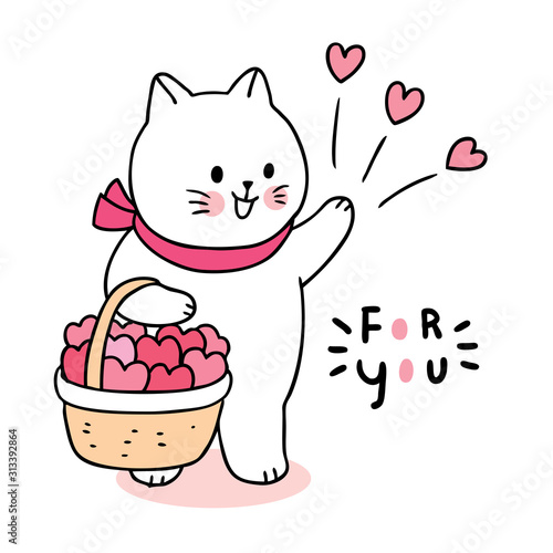 Cartoon cute Valentines day  cat and hearts in basket vector.