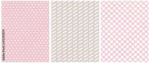 Pastel Color Seamless Geometric Vector Patterns. Regular White Stars and Grid on a Pink Background. White Stripes Isolated on a Gray Layout. Simple Abstract Vector Print for Fabric, Textile.