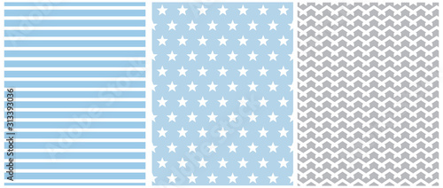 Pastel Color Seamless Geometric Vector Patterns. White Stars, Stripes and Chevron Isolated on a Blue Background. Simple Abstract Monochrome Vector Print for Fabric, Textile, Wrapping Paper.