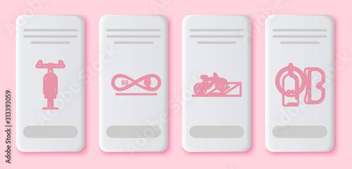Set line Bicycle, Skateboard trick, Bicycle on street ramp and Diving mask and aqualung. White rectangle button. Vector