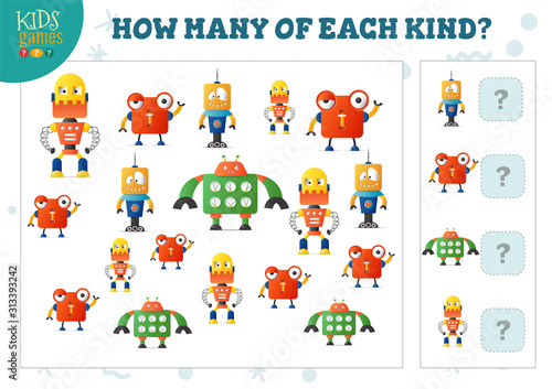 How many of each kind cartoon robot counting game for kids vector illustration
