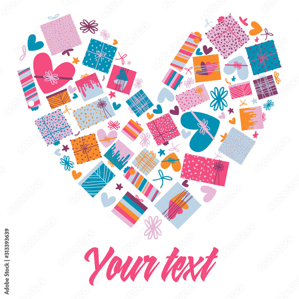 Lots of cute tiny gift or presents boxes in shape of heart with copy space. Space for text. Card template for holidays, birthday, party. Isolated on white background. Flat. Vector stock illustration.