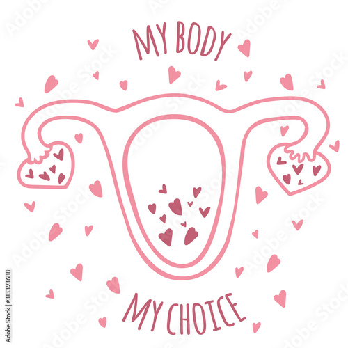 Vagina with lettering my body my choise. Sex education, period, women's health, feminism concepts. Copy space. Uterus with ovaries in the shape of hearts isolated on white background - Vector