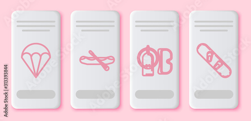 Set line Parachute, Rafting boat, Diving mask and aqualung and Snowboard. White rectangle button. Vector