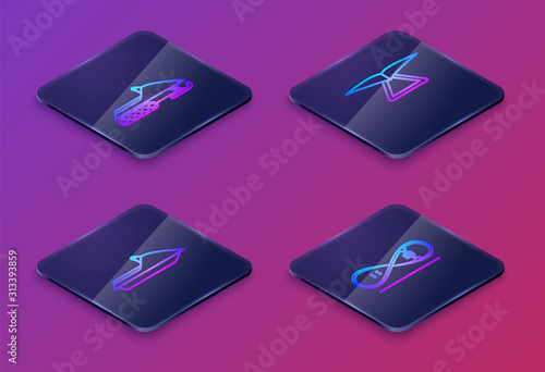 Set Isometric line Snowmobile, Jet ski, Hang glider and Skateboard trick. Blue square button. Vector