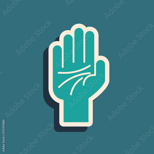 Green Palmistry of the hand icon isolated on blue background. Long shadow style. Vector Illustration