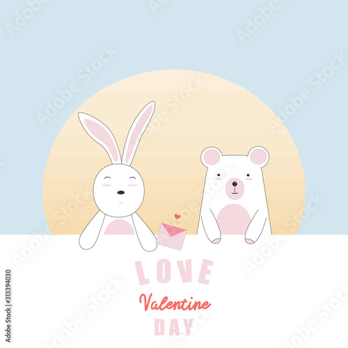 Valentine's Day card with bunny and bear in love. vector card