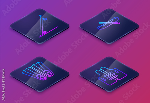 Set Isometric line Skateboard, Rubber flippers for swimming, Rafting boat and Life jacket. Blue square button. Vector