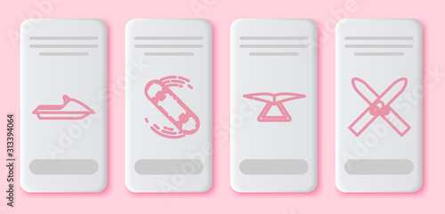 Set line Jet ski, Skateboard trick, Hang glider and Ski and sticks. White rectangle button. Vector