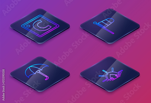 Set Isometric line Celsius, Classic elegant opened umbrella, Cone meteorology windsock wind vane and Sunrise. Blue square button. Vector