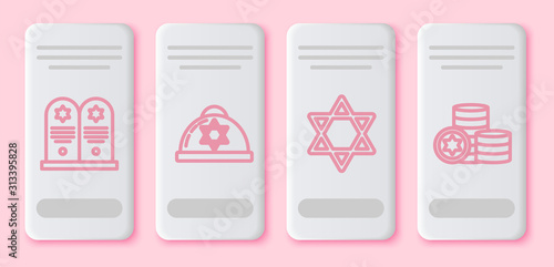 Set line Tombstone with star of david, Jewish kippah with star of david, Star of David and Jewish coin. White rectangle button. Vector