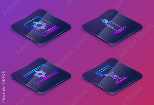 Set Isometric line Jewish torah book, Flag of Israel, Burning candle in candlestick and Jewish goblet. Blue square button. Vector