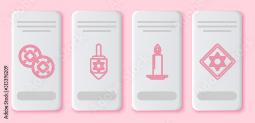 Set line Jewish coin, Hanukkah dreidel, Burning candle in candlestick and Star of David. White rectangle button. Vector