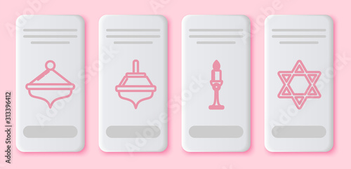 Set line Hanukkah dreidel, Hanukkah dreidel, Burning candle in candlestick and Star of David. White rectangle button. Vector