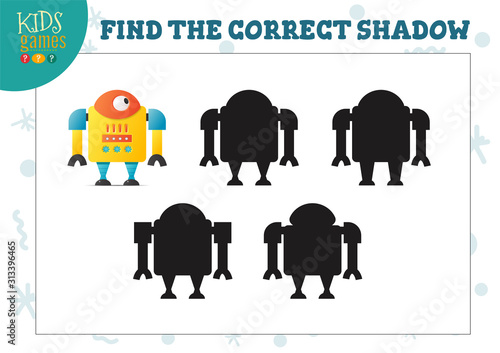 Find the correct shadow for cute cartoon robot educational preschool kids mini game