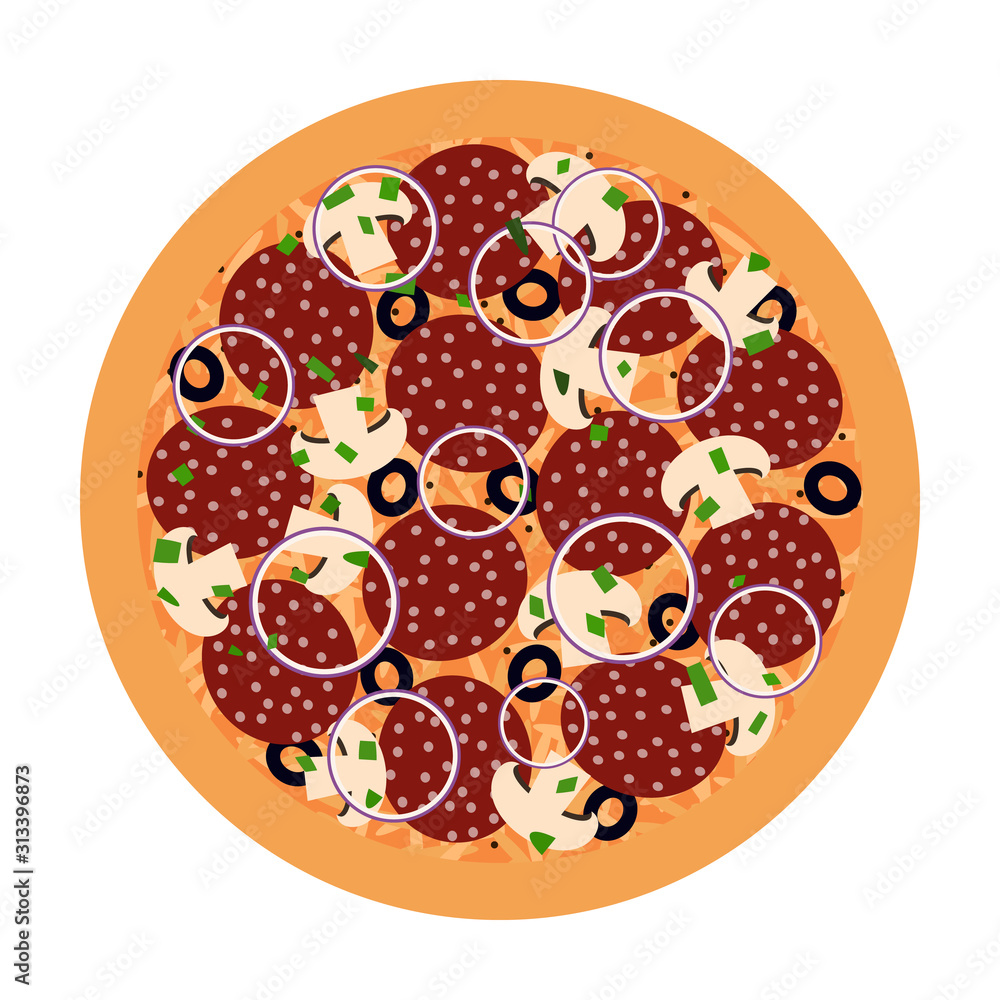 pizza with mushrooms and smoked sausage, top view. vector flat illustration. pizza with mushrooms and smoked sausage, top view. vector flat illustration.