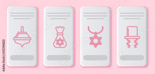 Set line Hanukkah dreidel, Jewish money bag with star of david, Star of David necklace on chain and Orthodox jewish hat with sidelocks. White rectangle button. Vector