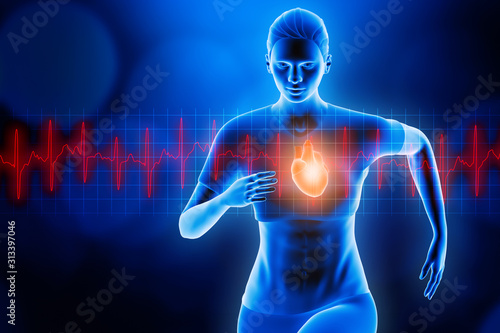 Front view of a sportswoman running with glowing heart and red heartbeat ekg curve. Blue hologram futuristic 3d rendering illustration. Sport, health, medical, science, anatomy, effort test concepts.