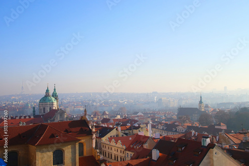 Prague tile roofs of old houses, view from above