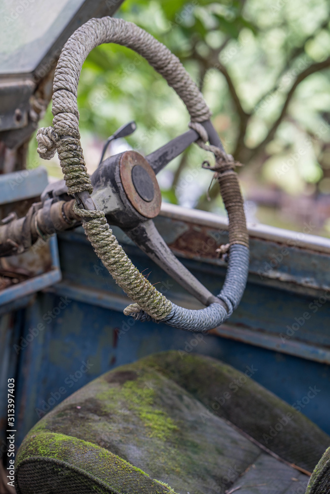 Steering wheel inside the old car. Steering wheel inside the old car.
