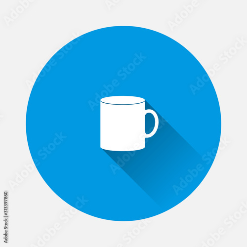 Vector icon disposable cup of coffee. Stale coffee drink in the dishes con on blue background. Flat image with long shadow.