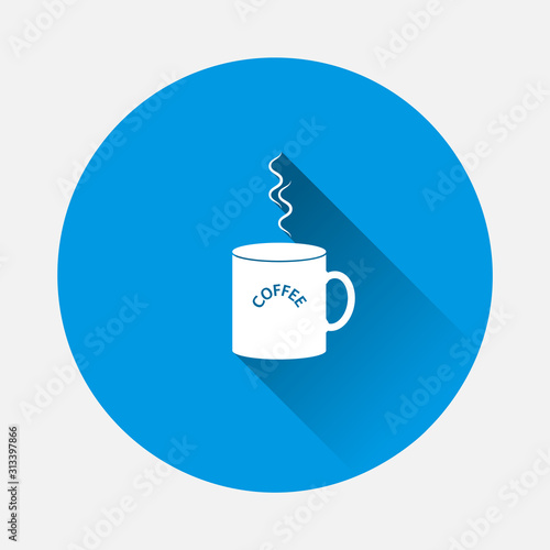 Vector icon disposable cup of coffee. Stale coffee drink in the dishes con on blue background. Flat image with long shadow.