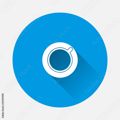 Vector icon disposable cup of coffee or tea. Stale coffee drink in the dishes icon on blue background. Flat image with long shadow.