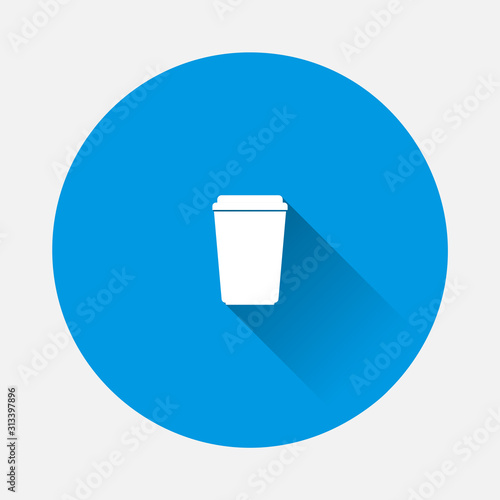 Vector icon disposable cup of coffee. Stale coffee drink in the dishes. Vector icon on blue background. Flat image with long shadow.