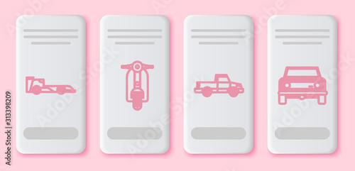 Set line Formula race car, Scooter, Pickup truck and Off road car. White rectangle button. Vector