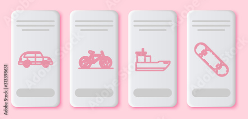 Set line Hatchback car, Bicycle, Cargo ship and Skateboard. White rectangle button. Vector