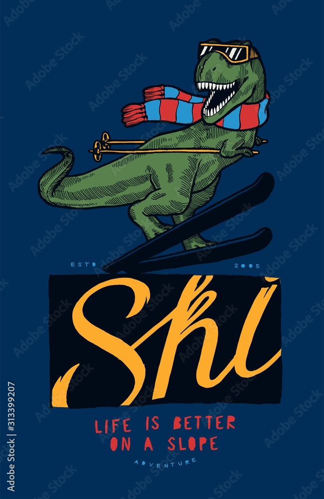 T-rex in scarf skiing and smiling. Dinosaur winter sports funny character t-shirt print.
