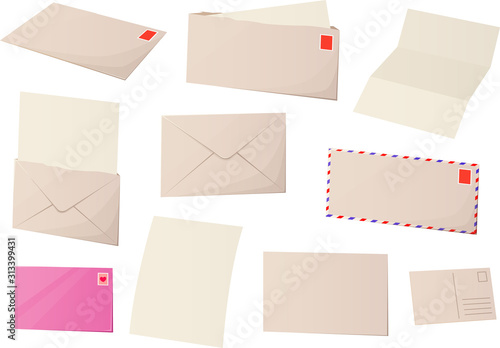 Vector illustration of various letters and postcards isolated on white background.