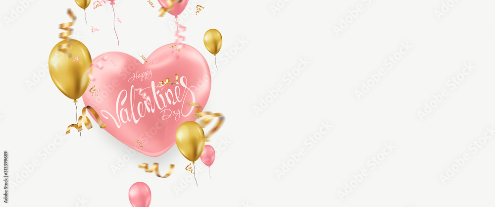 Happy Valentines Day banner template, flyer, invitation card. Balloons and sparkling gold confetti on a light background. 3D illustration, 3D render. Happy Valentines Day banner template, flyer, invitation card. Balloons and sparkling gold confetti on a light background. 3D illustration, 3D render.