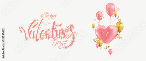 Happy Valentines Day banner template, flyer, invitation card. Balloons and sparkling gold confetti on a light background. 3D illustration, 3D render.
