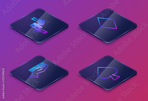 Set Isometric line Casino chips exchange on stacks of dollars, Hand holding deck of playing cards, Playing card with diamonds symbol and Playing card with spades symbol. Blue square button. Vector