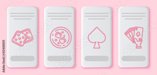 Set line Game dice, Glass of whiskey and ice cubes, Playing card with spades symbol and Hand holding playing cards. White rectangle button. Vector