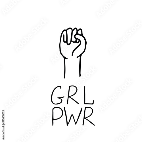 fist raised up and lettering girl power - symbol and slogan of feminism in hand drawn doodle style
