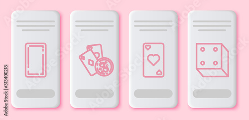 Set line Playing card back, Playing cards and glass of whiskey with ice cubes, Playing card with heart symbol and Game dice. White rectangle button. Vector