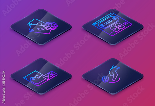 Set Isometric line Casino chip and playing cards, Game dice and glass of whiskey with ice cubes, Online poker table game and Human hand throwing game dice. Blue square button. Vector