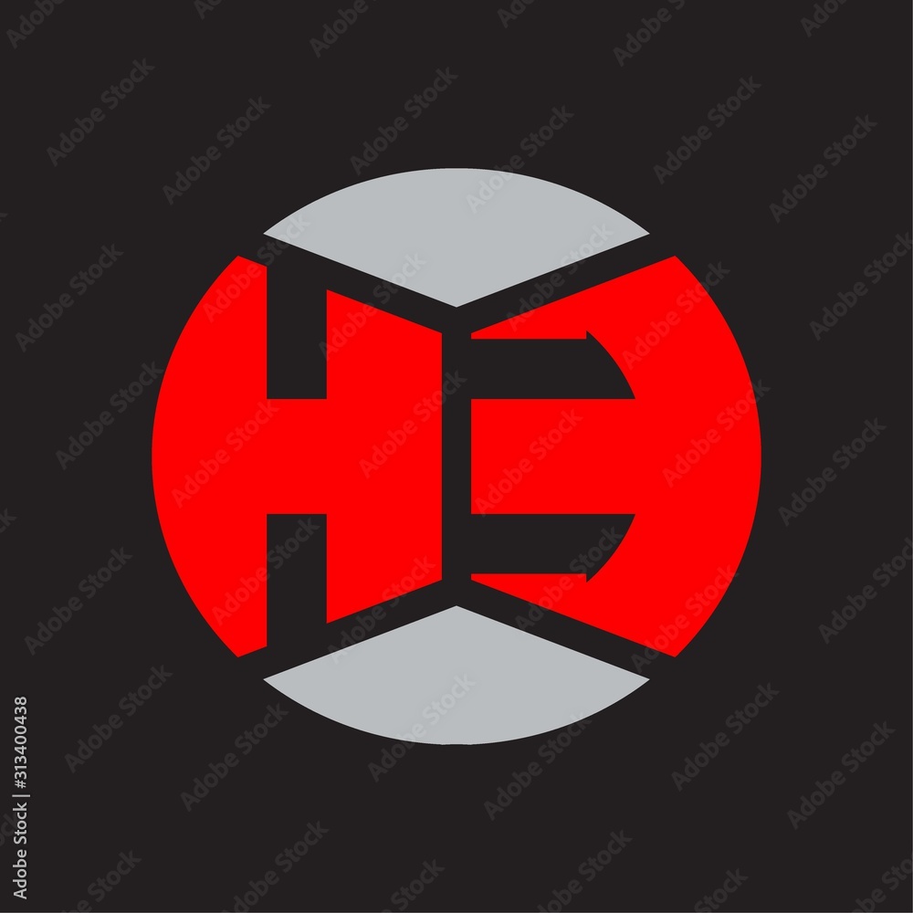 HE Logo monogram with piece circle ribbon style on red colors and black background HE Logo monogram with piece circle ribbon style on red colors and black background