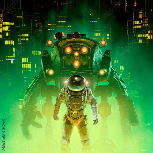 Heavy metal patrol / 3D illustration of retro pulp science fiction scene showing astronaut and giant mech robot in futuristic city