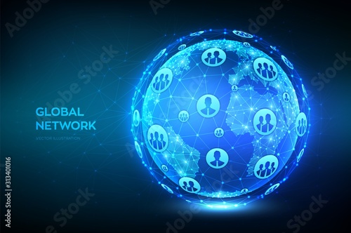 Global network connection. Earth globe illustration. Abstract polygonal planet. Low poly design. Concept of global business. Blue futuristic internet connection background. Vector Illustration.