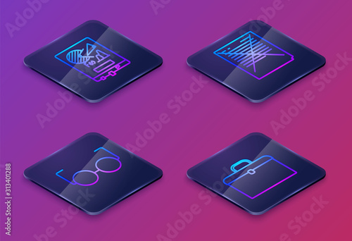 Set Isometric line Board with graph chart, Glasses, Exam paper with incorrect answers survey and Briefcase. Blue square button. Vector