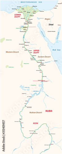 Ancient Egypt map with important sights on the nile river