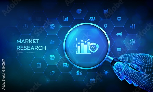 Market research. Marketing strategy concept with magnifier in wireframe hand and icons. Magnifying glass and data analysis infographic. Business technology internet concept. Vector illustration.